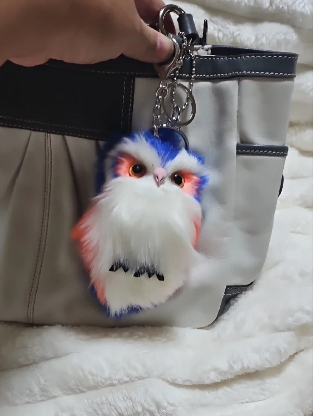 Blue & Peach Faux Fur Owl Keychain Plush. New No Tag